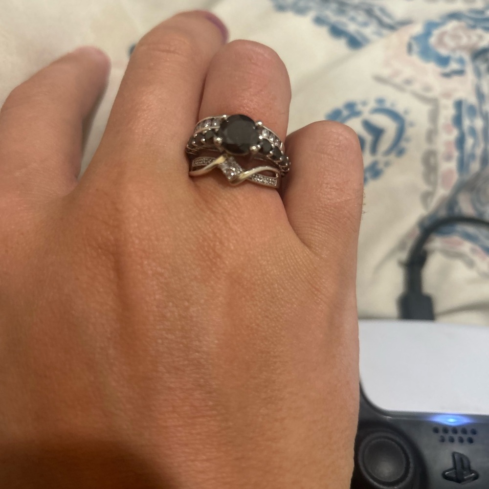 Elegant white gold Black Diamond  ring and sterling and diamond ring set